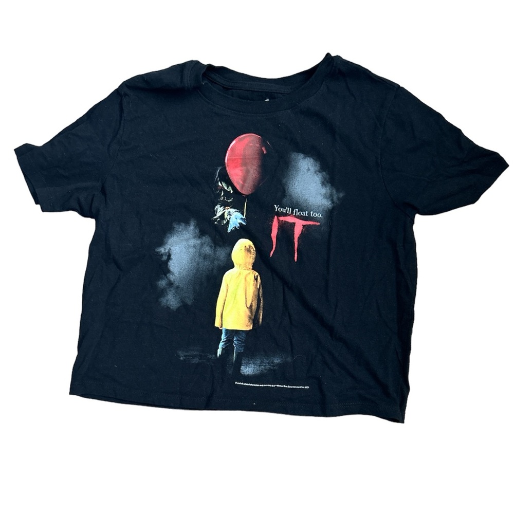 A cropped medium it the clown shirt